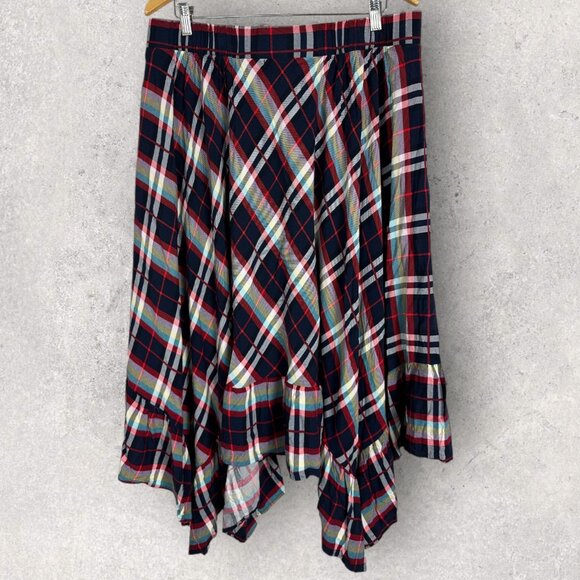 Torrid Plaid Maxi Skirt Womens Size 1X Hanky Hem Challis Blue Red Elastic Waist‎ - Picture 4 of 14